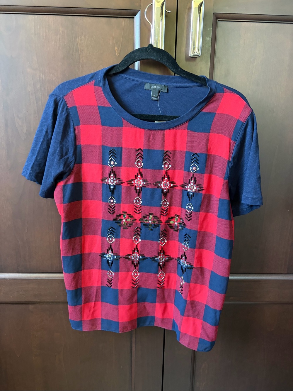 J. Crew Navy and Red Checked Short Sleeve Tee with Front Embellishment